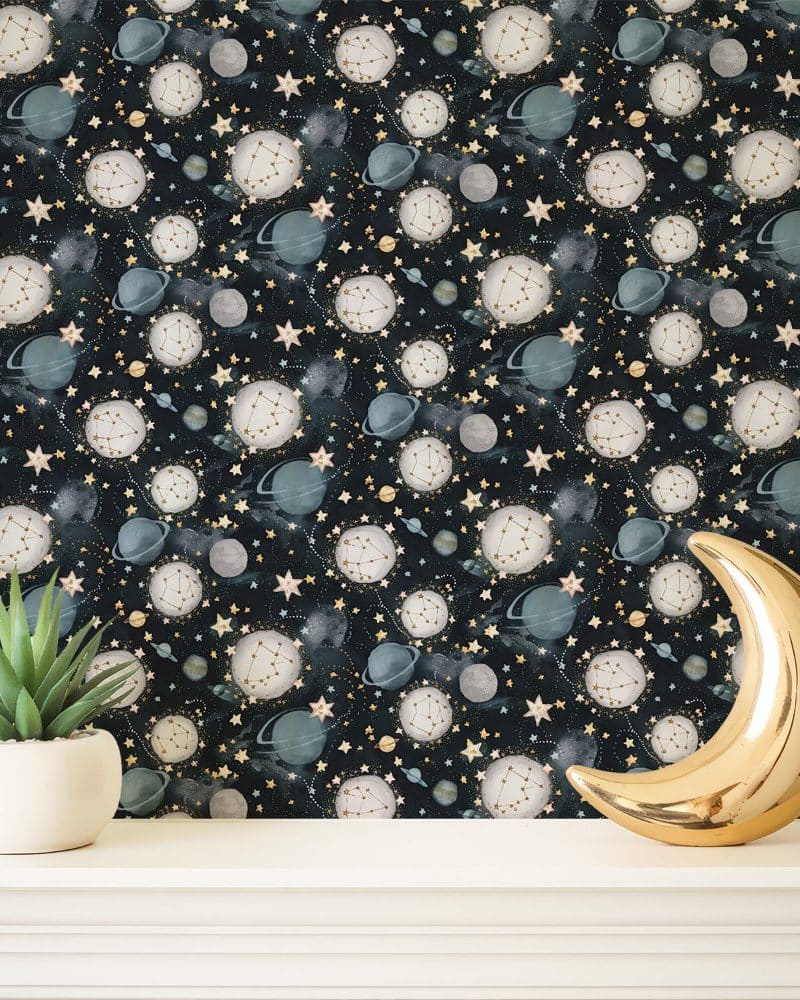 Dark space-themed wallpaper featuring constellations, planets, and stars.