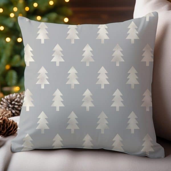 Gray Throw Pillow With A Repeating Pattern Of Light Gray Stylized Christmas Trees.
