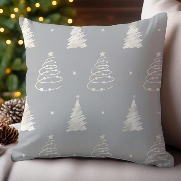 Gray Throw Pillow With A Repeating Pattern Of Silver Christmas Trees And Stars.