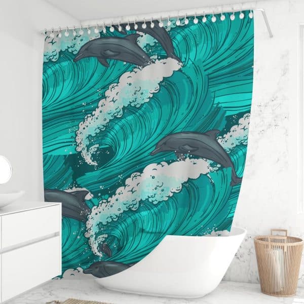 Teal Shower Curtain Featuring Dolphins Leaping Over Stylized Ocean Waves.