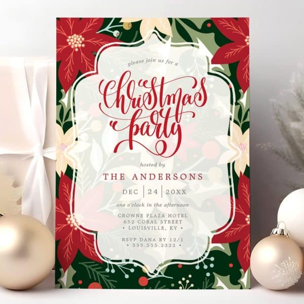 Christmas Party Invitation With Red Poinsettia And Floral Design.
