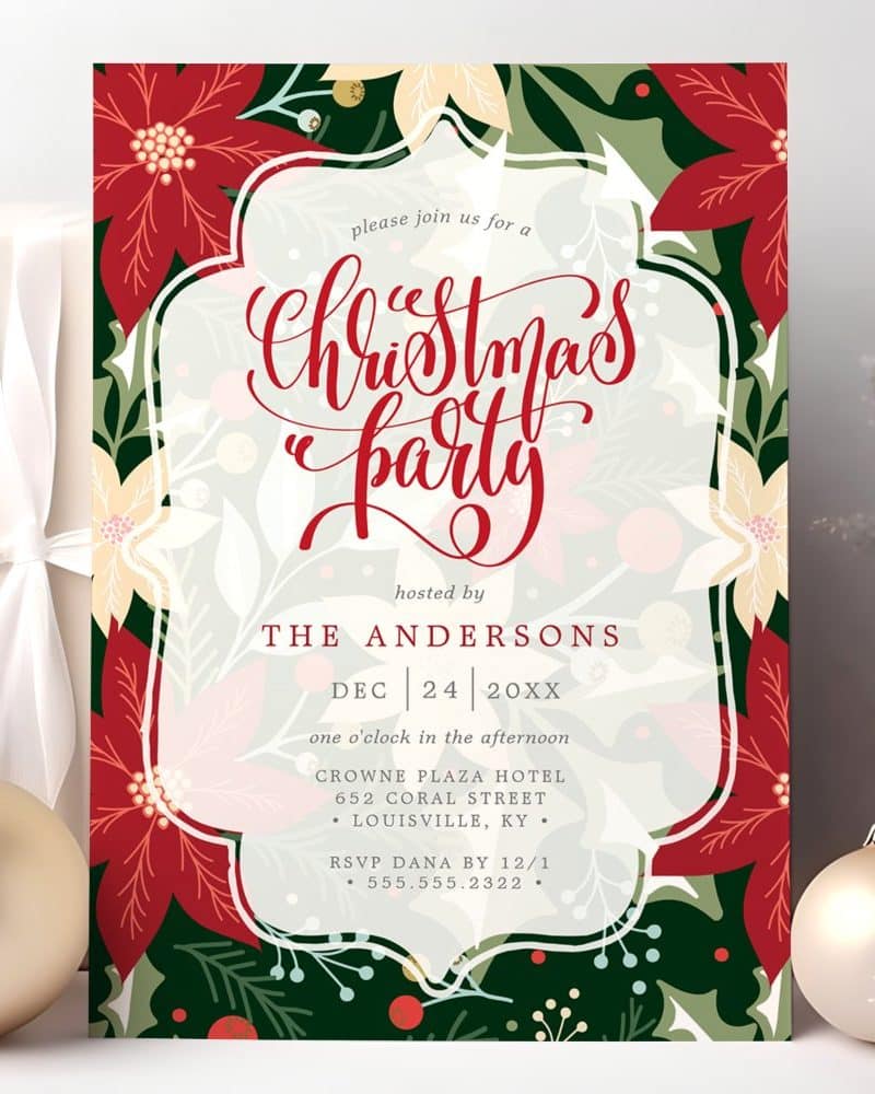 Christmas party invitation with red poinsettia and floral design.