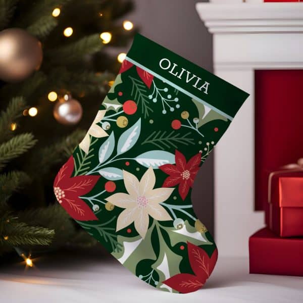 Personalized Christmas Stocking With A Dark Green Background, Featuring A Repeating Pattern Of Red And Cream Poinsettias And Green Foliage. The Name Olivia Is Printed At The Top.
