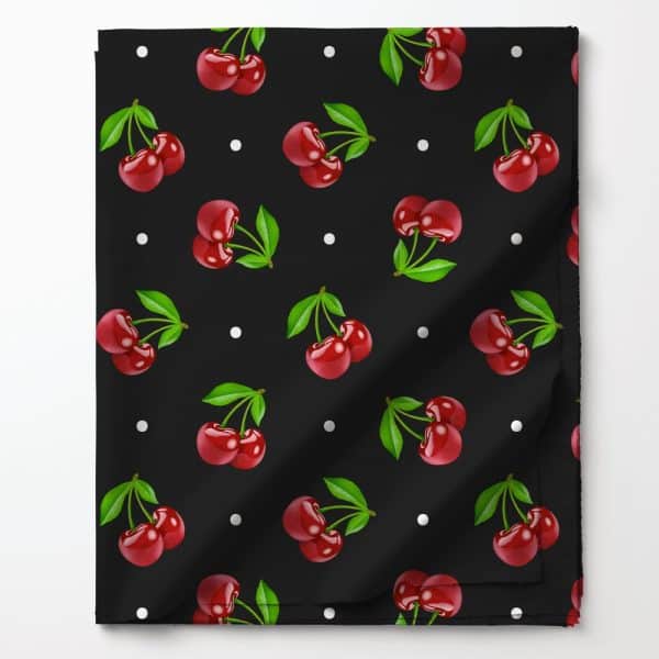 Black Fabric With A Repeating Pattern Of Red Cherries And White Dots.