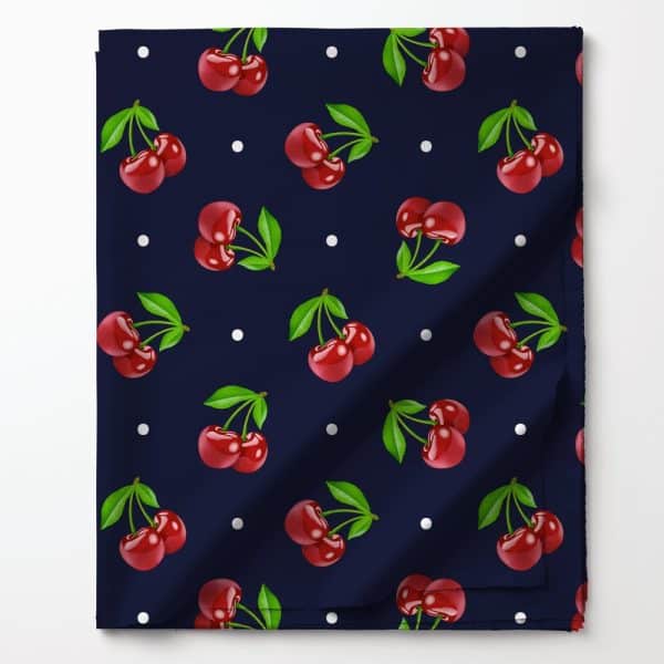 Dark Blue Fabric With A Repeating Pattern Of Red Cherries And White Dots.