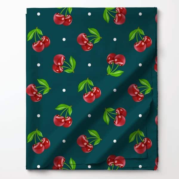 Teal Fabric With A Repeating Pattern Of Red Cherries And White Polka Dots.