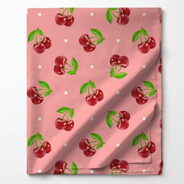 Pink Fabric With A Repeating Pattern Of Red Cherries And White Dots.