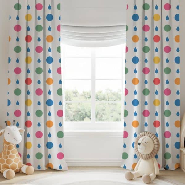 Colorful Curtains With A Pattern Of Raindrops And Circles.