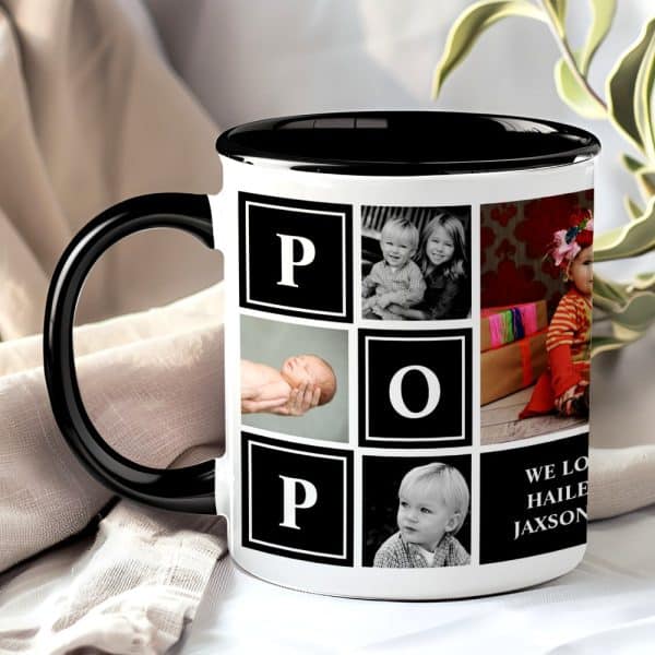 Black-Handled Mug With A White Body Featuring A Collage Of Family Photos In Black Squares, The Letters P O P In Larger Squares Between The Images, And Text At The Bottom Reading We Love Hailie Jaxson.