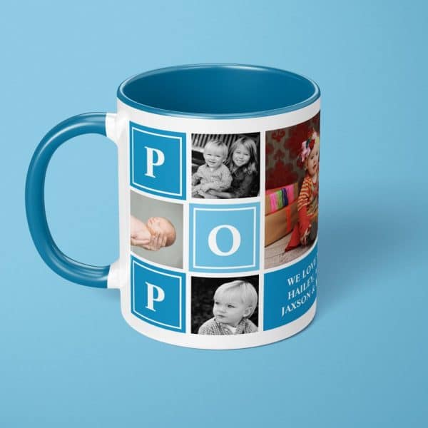 Blue Mug With Photos Of Children And The Letters Pop Arranged In A Grid.