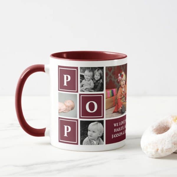 Burgundy Mug With A Collage Of Family Photos And The Letters P O P.