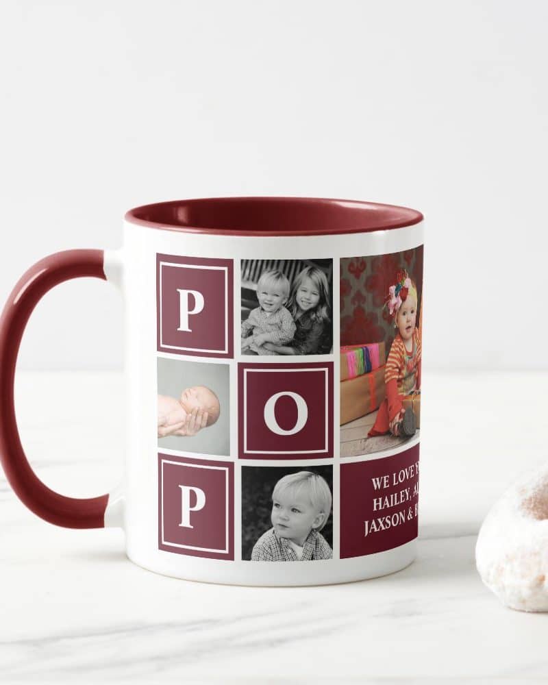 Burgundy mug with a collage of family photos and the letters P O P.