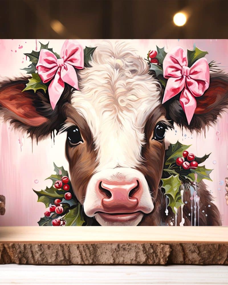 Close-up of a calf wearing pink bows and a holly wreath on a pink background.