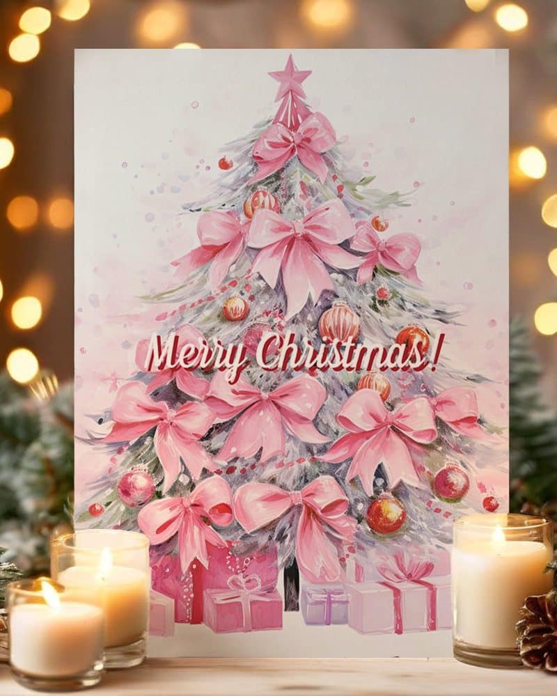 Watercolor painting of a Christmas tree adorned with pink bows and ornaments. Merry Christmas is written on the tree.