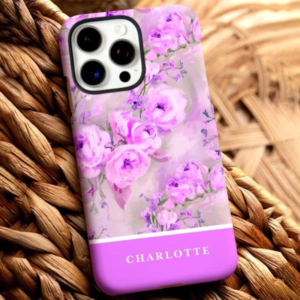 Purple Phone Case With A Watercolor Floral Design And The Name Charlotte.