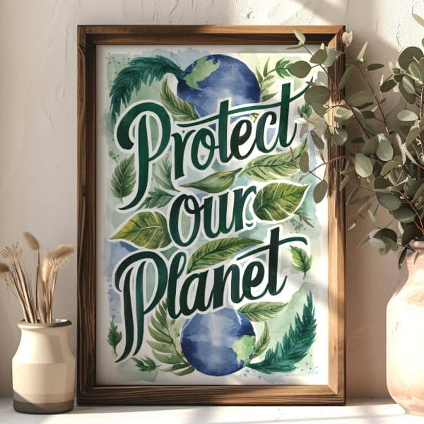 Framed Watercolor Print With The Text Protect Our Planet Surrounded By Green Leaves And Two Watercolor Globes.
