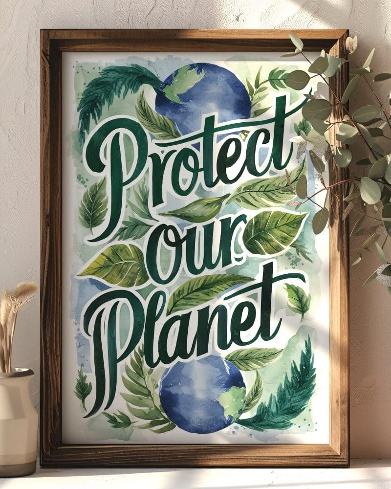 Framed watercolor print with the text Protect Our Planet surrounded by green leaves and two watercolor globes.
