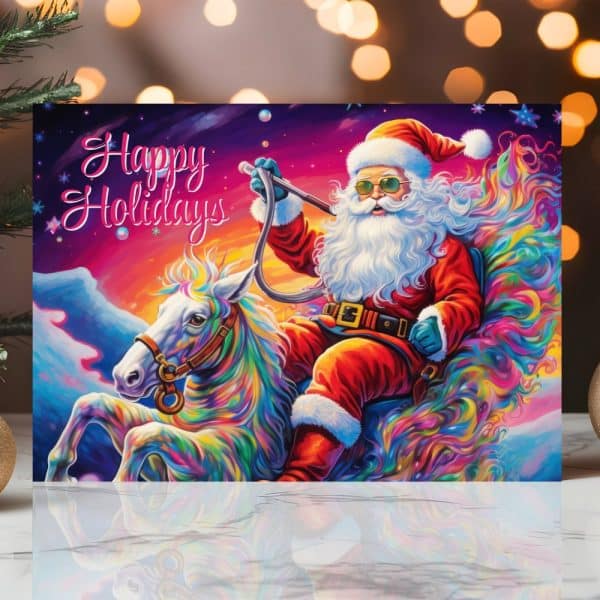 Santa Claus Riding A Rainbow Unicorn, Wearing Sunglasses, Against A Vibrant Cosmic Background. Happy Holidays Text Is Included.