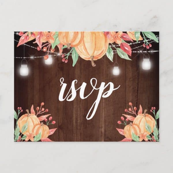 Fall-Themed Rsvp Card With Pumpkins, Flowers, And String Lights On A Wood Background.