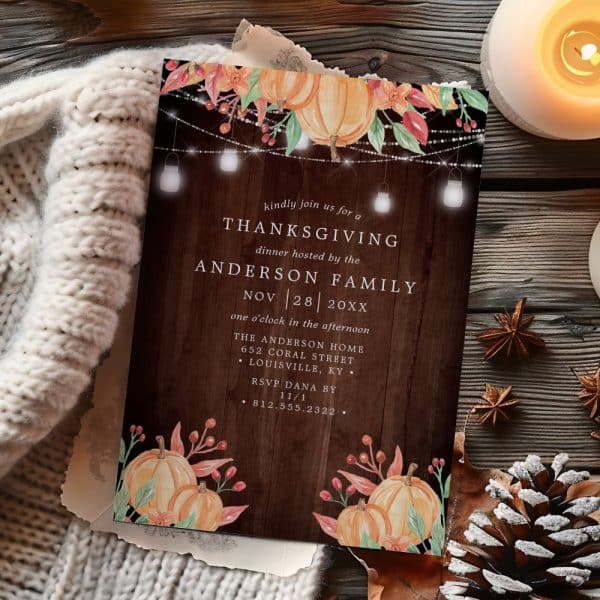 Thanksgiving Dinner Invitation Featuring Pumpkins And String Lights.