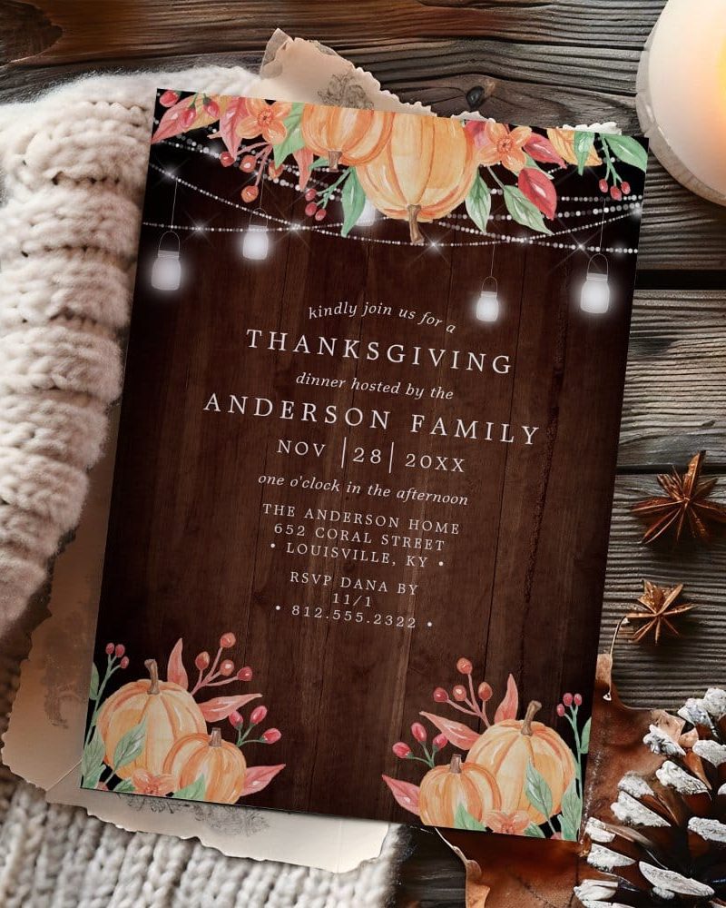 Thanksgiving dinner invitation featuring pumpkins and string lights.