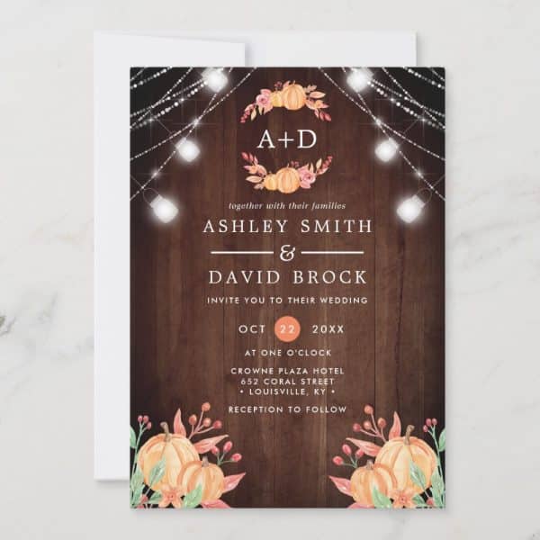 Fall-Themed Wedding Invitation With Pumpkins, String Lights, And The Couple'S Names.