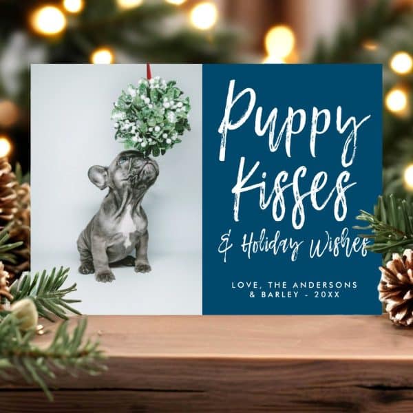 A Holiday Greeting Card Featuring A French Bulldog Puppy Looking Up At A Mistletoe Ball. The Card Is Dark Blue With White Text That Reads Puppy Kisses &Amp; Holiday Wishes.