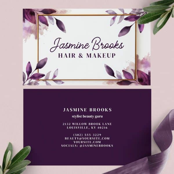 Two-Part Business Card For Jasmine Brooks, Hair And Makeup Stylist. The Top Card Features Watercolor Floral Design; The Bottom Card Has Contact Information.