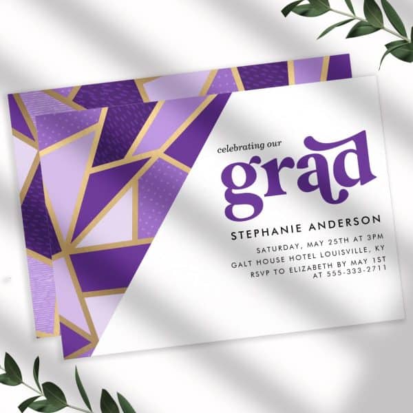 Graduation Invitation For Stephanie Anderson, Featuring A Purple And Gold Geometric Design.