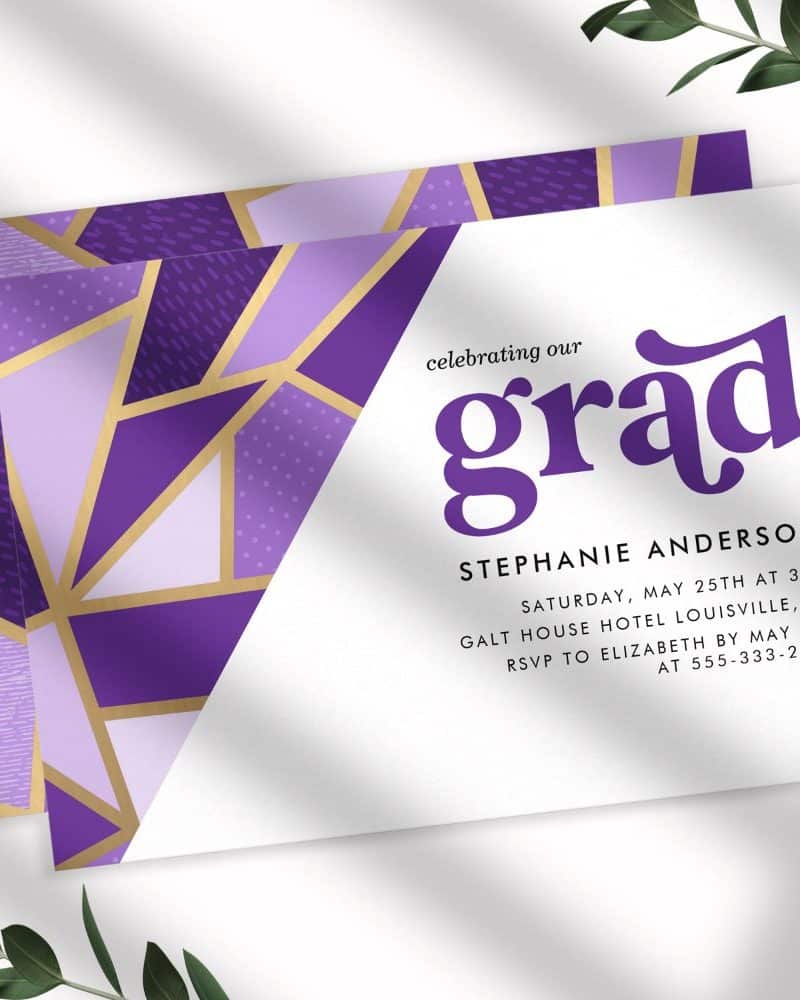 Graduation invitation for Stephanie Anderson, featuring a purple and gold geometric design.