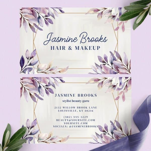 Two Elegant Business Cards Featuring Watercolor Purple Floral Designs And Gold Geometric Frames, With Jasmine Brooks'S Hair And Makeup Business Information.