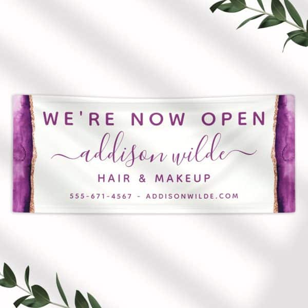 Grand Opening Banner For Addison Wilde Hair &Amp; Makeup. Purple And Gold Design.