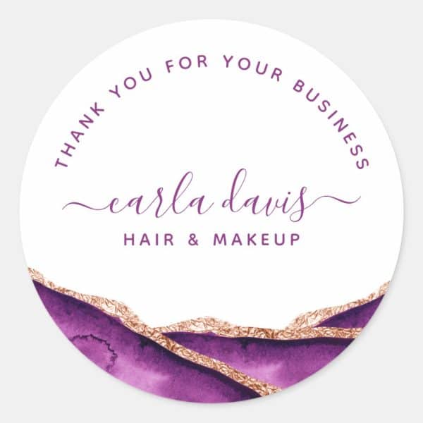 Round Thank You Sticker With Purple And Gold Design, Featuring Carla Davis Hair &Amp; Makeup.