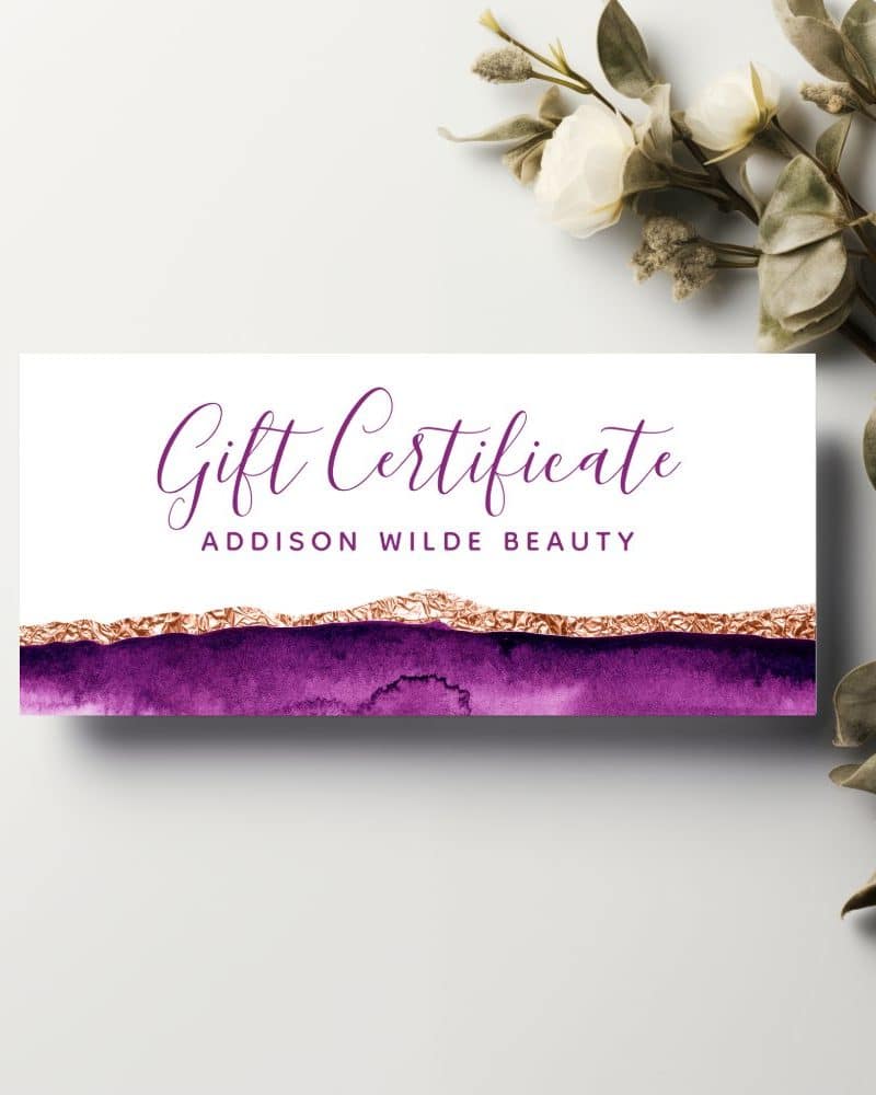 Addison Wilde Beauty gift certificate with purple and rose gold design.