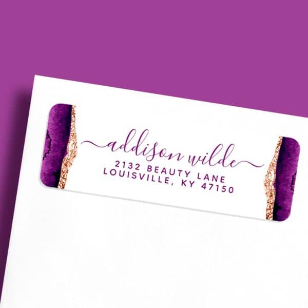 Return Address Label With Purple And Gold Design, Showing The Name Addison Wilde And Louisville, Ky Address.