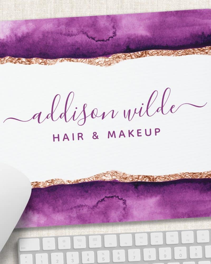 Purple and rose gold watercolor mousepad with Addison Wilde Hair & Makeup.