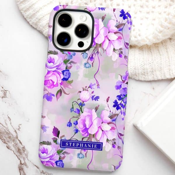 Purple And Lavender Floral Iphone Case With The Name Stephanie.