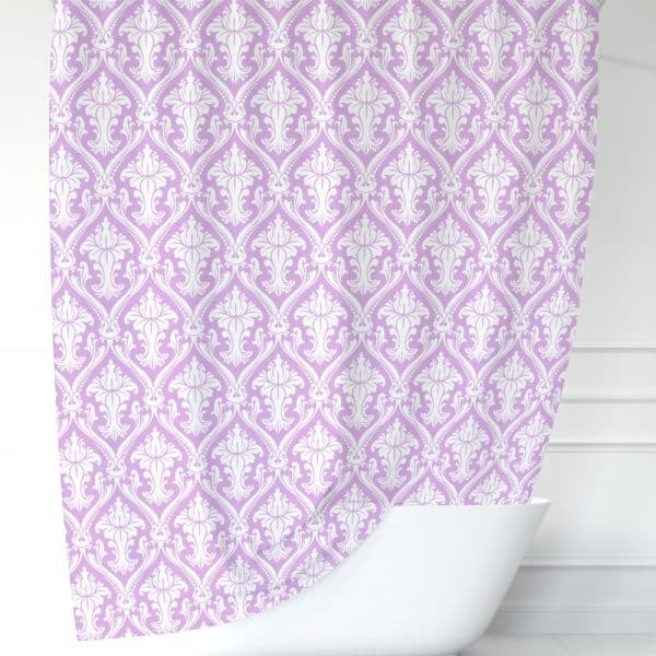 Lavender Shower Curtain With A White Damask Pattern.