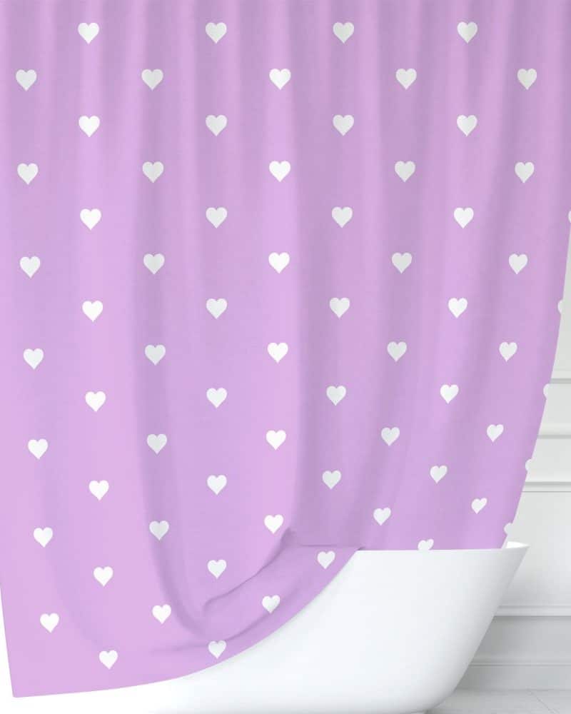 Lavender shower curtain with a repeating pattern of white hearts.