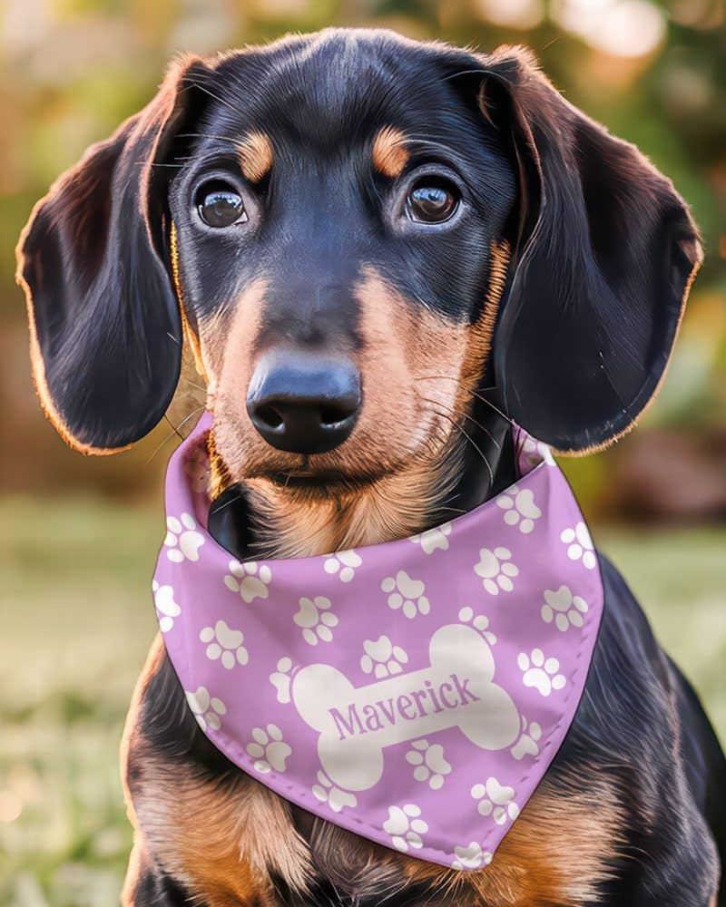 A dachshund puppy wearing a lavender bandana with white paw prints and a bone-shaped name tag that says Maverick.