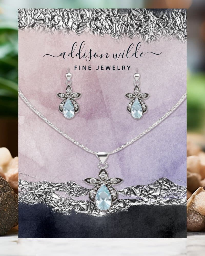 Aquamarine jewelry set: necklace and earrings with pear-shaped stones and floral accents.