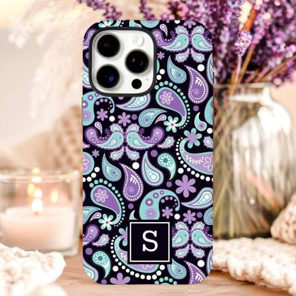 Purple And Mint Green Paisley Phone Case With The Letter S.