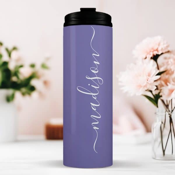 Lavender-Colored Travel Tumbler With The Name Madison In A White Script Font.