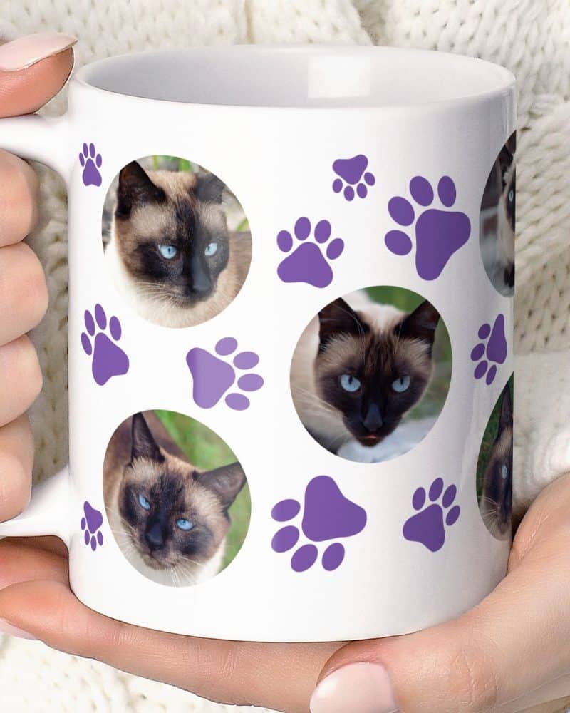 White coffee mug with pictures of Siamese cats and purple paw prints.