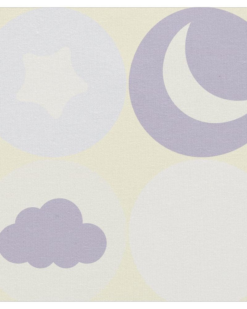 A pale yellow background with overlapping lavender circles containing a star, crescent moon, and cloud.