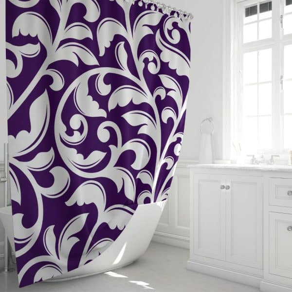 Purple Shower Curtain With A White Damask Pattern.