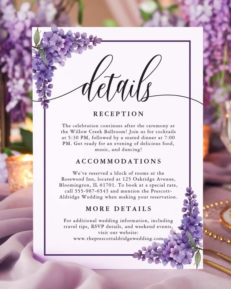 Wedding reception details card with purple floral decorations.