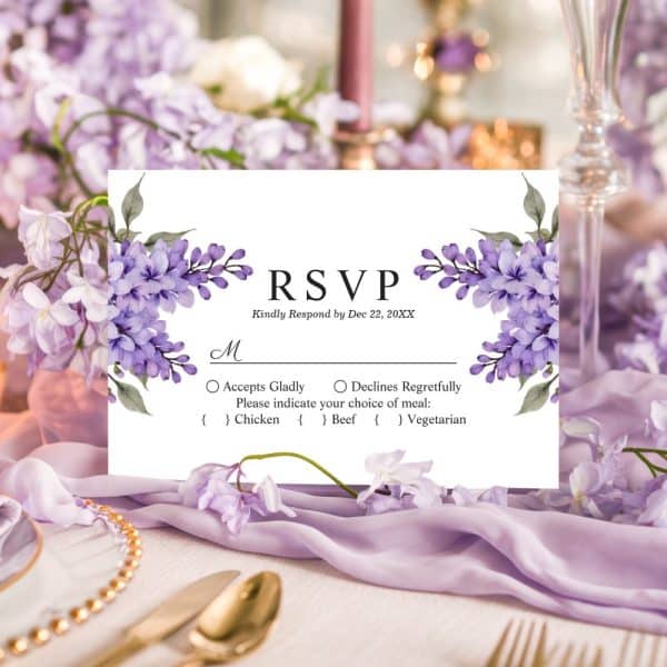 Lilac-Decorated Rsvp Card With Meal Choices.