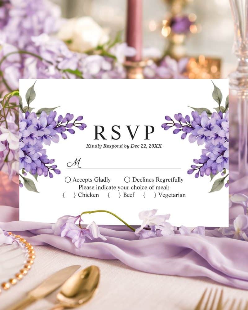 Lilac-decorated RSVP card with meal choices.