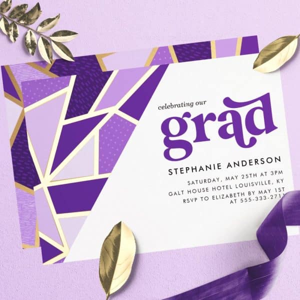 Graduation Invitation For Stephanie Anderson With Purple And Gold Geometric Design.